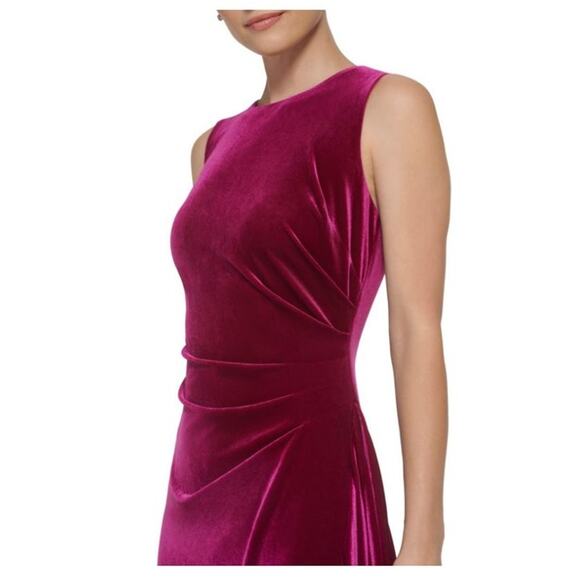 EUC  ELIZA J Velvet velour Ruched Asymmetric Midi Dress Fuchsia – Size 6 - Picture 3 of 15